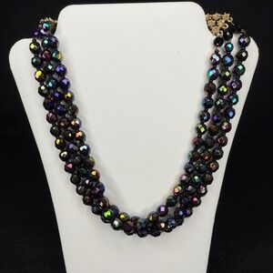 50s W Germany Aurora Borealis Glass Beads Triple‎ (3) Strand Beaded Necklace MCM
